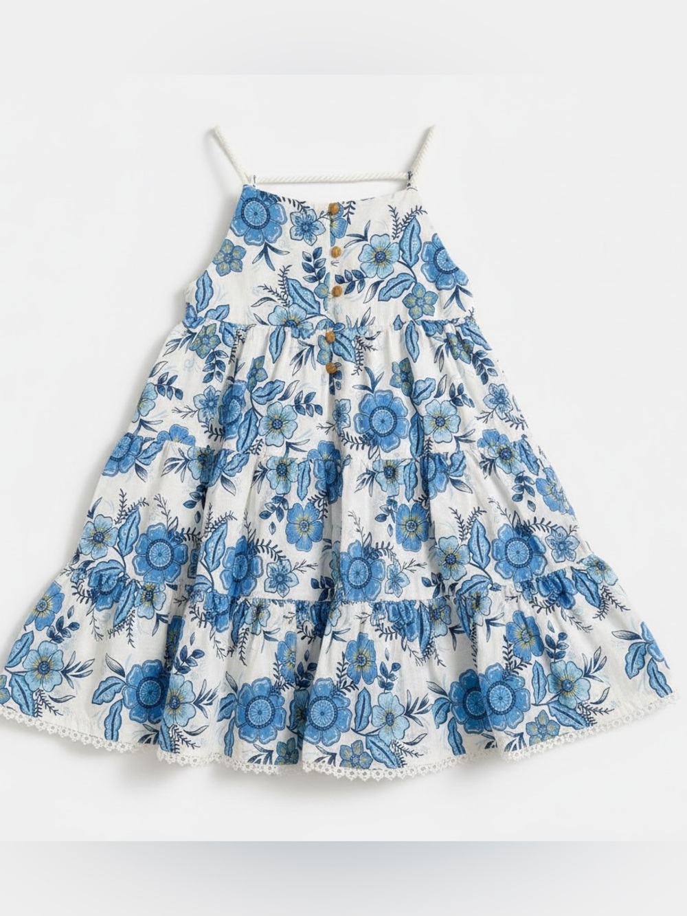 Haute Hippie White Tiered Cotton Dress with Blue Floral Print